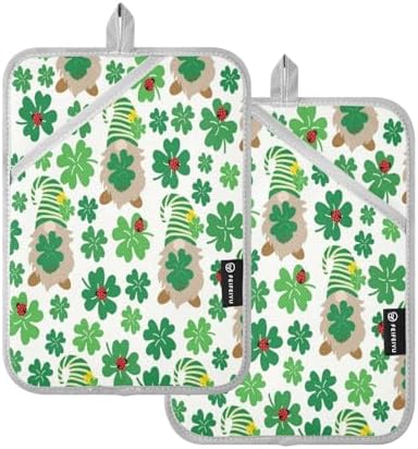 Lucky Green Clover Leaves with Gnomes Heat-Resistant Durable Oven Mitts