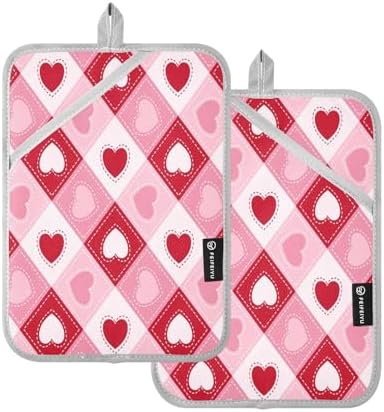 KCLDeci Hearts Plaid Heat Resistant Potholders Oven Mitts for Daily Use