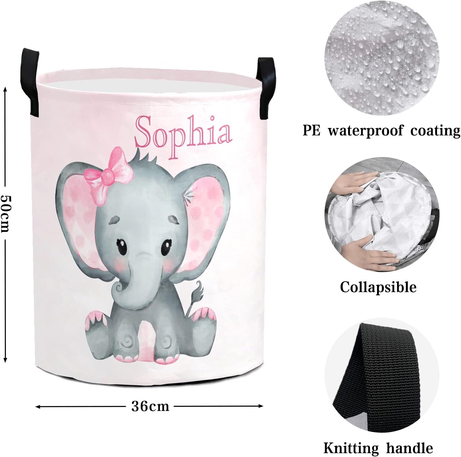 Cute Elephant Gradient Large Laundry Basket Custom Name Foldable Clothes Bag