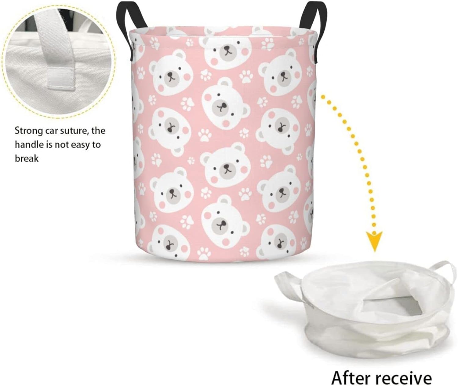 FeHuew Kawaii Polar Bear Paws Pink Collapsible Laundry Basket with Handle