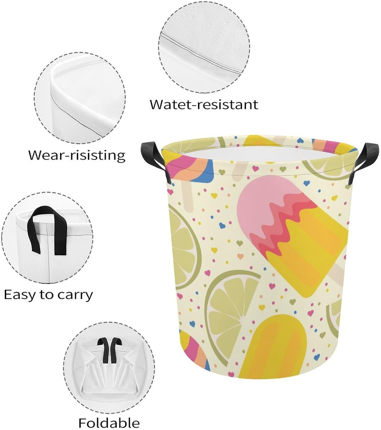 Lemon Ice Cream Laundry Hamper Summer Popsicles Basket Organizer