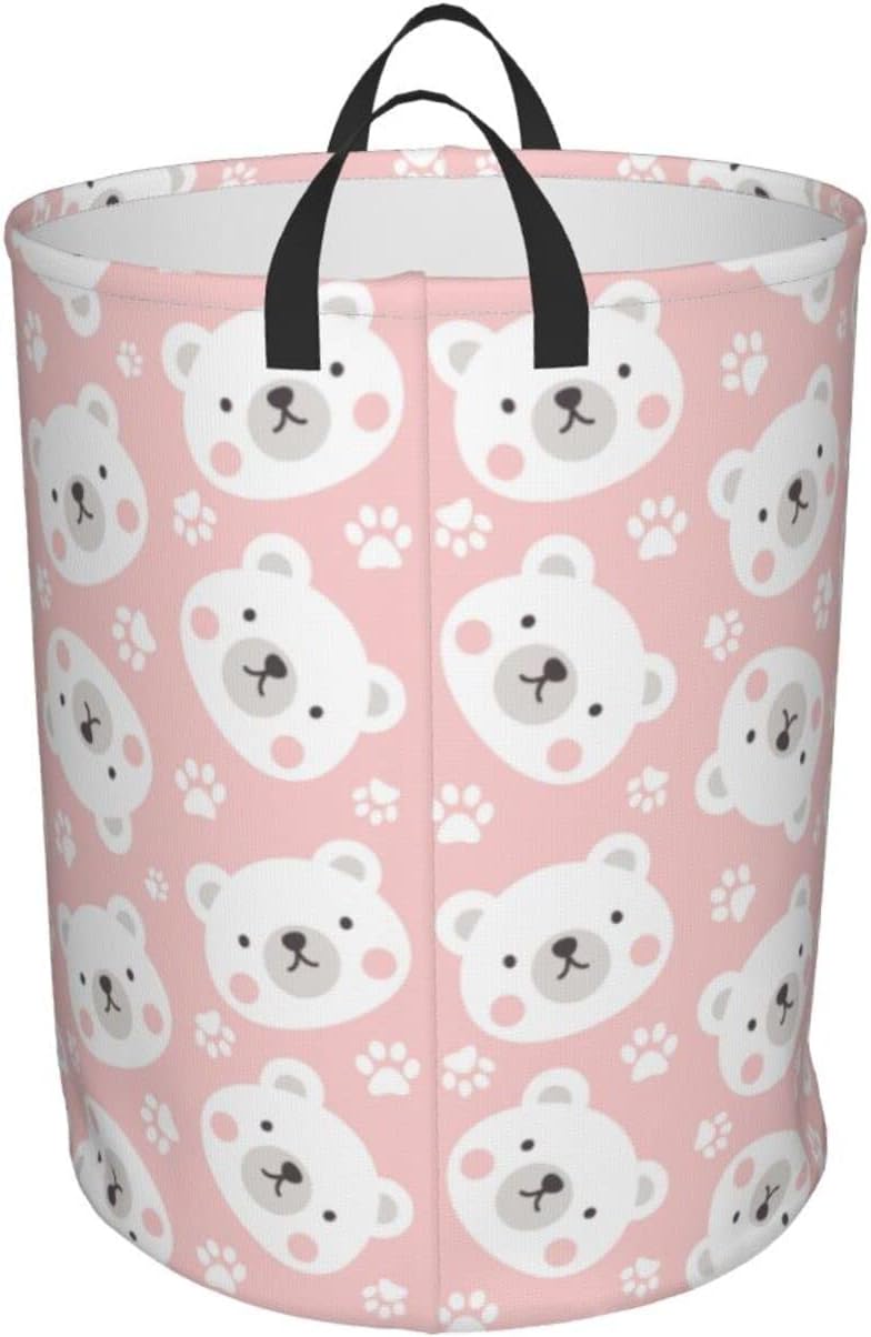 FeHuew Kawaii Polar Bear Paws Pink Collapsible Laundry Basket with Handle