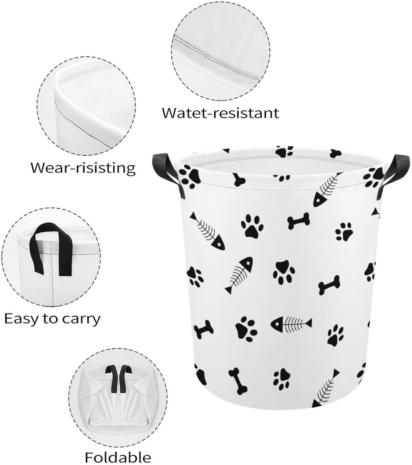 MEIKKO Animals Paws Fishbone Laundry Basket Collapsible and Waterproof