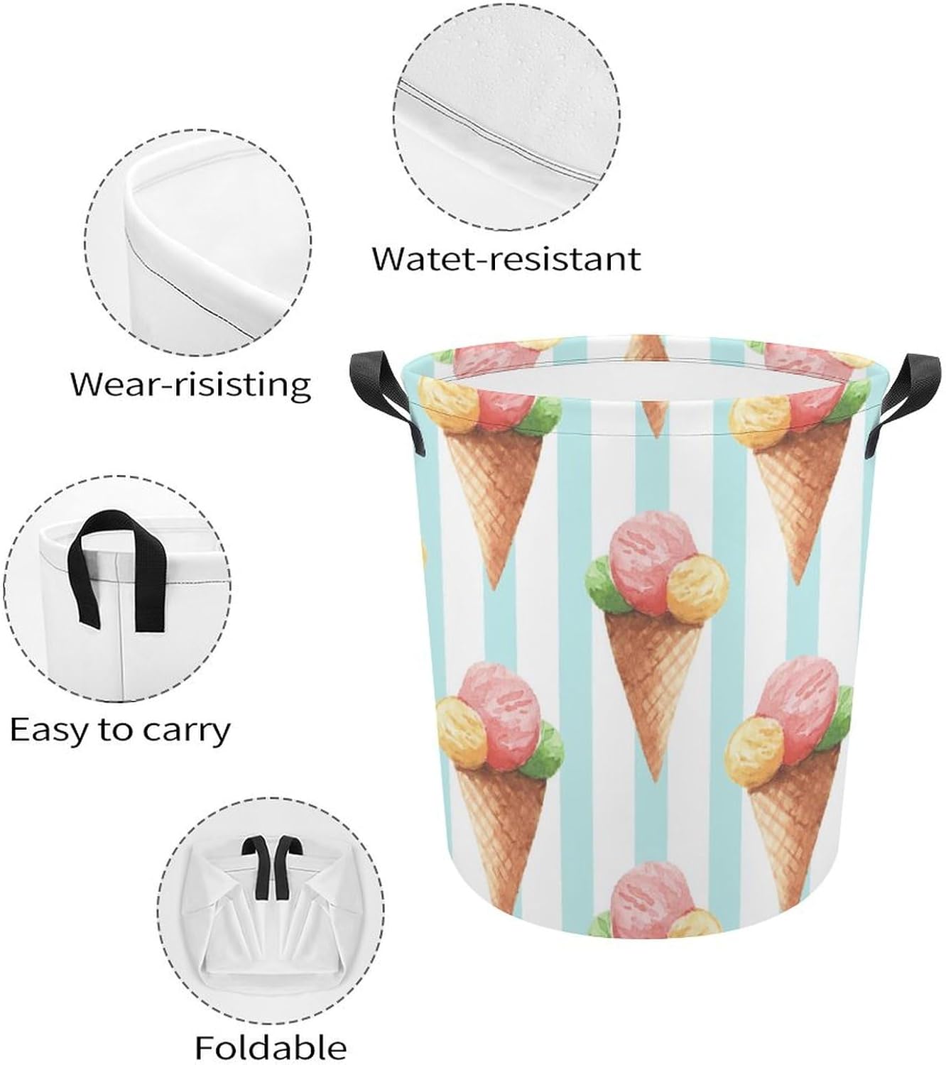 Cute Ice Cream Laundry Hamper Watercolor Blue Plaid