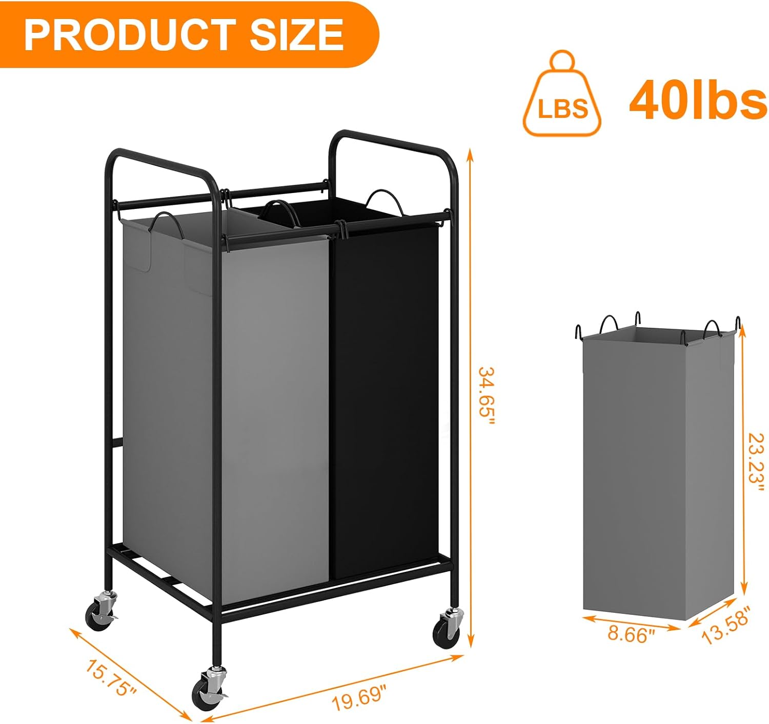 Sturdy 2-Bag Laundry Hamper with Lockable Wheels