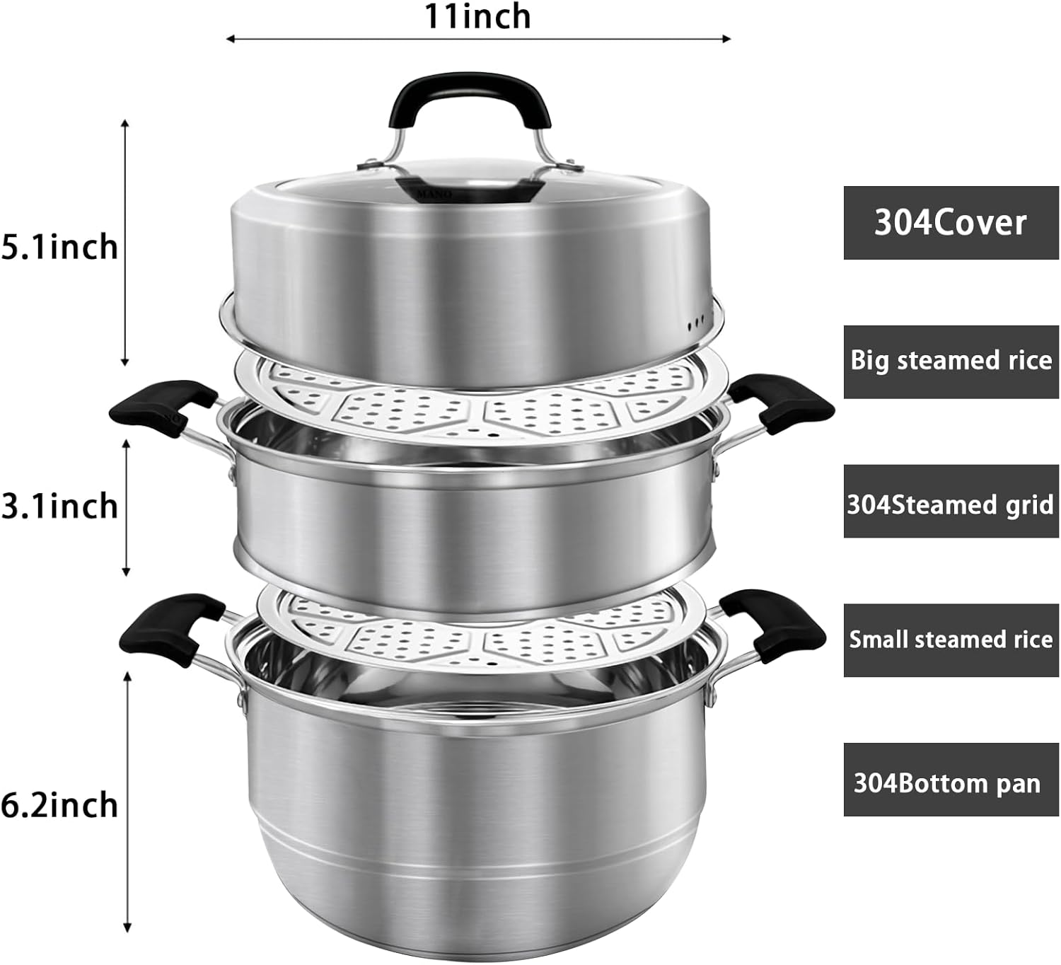 MANO 11 Inch 2-Tier Steam Pots with Lid and Handles