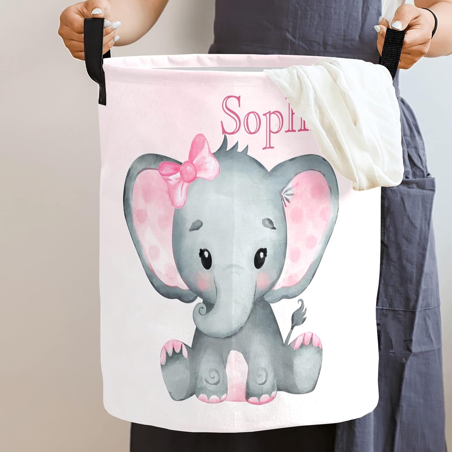 Cute Elephant Gradient Large Laundry Basket Custom Name Foldable Clothes Bag