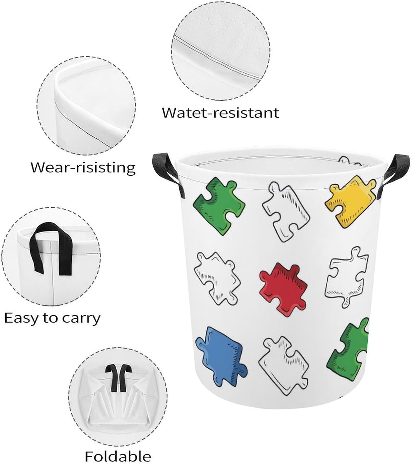 Bright Jigsaw Puzzle Pieces Laundry Hamper Waterproof Clothes Basket with Easy Carry Handles