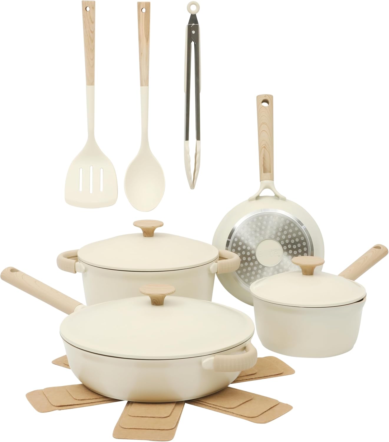 Gibson Elite Folkstone Ceramics 13-Piece Cookware Set WInduction Safe Linear White Handle