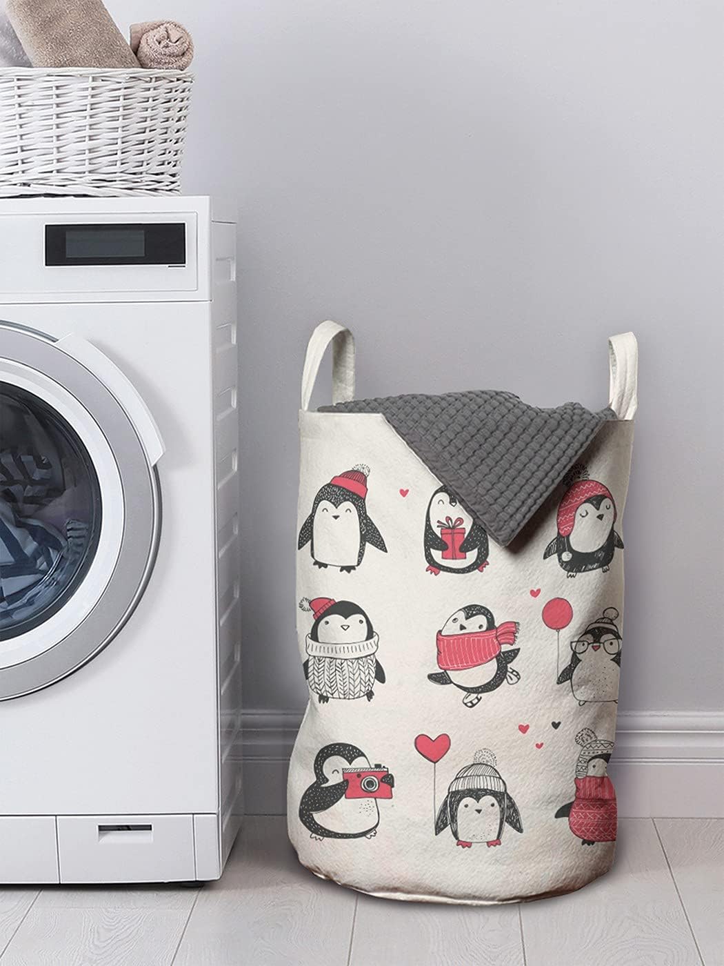Ambesonne Christmas Laundry Bag Penguin Party Hamper Basket Machine Washable 13x19
