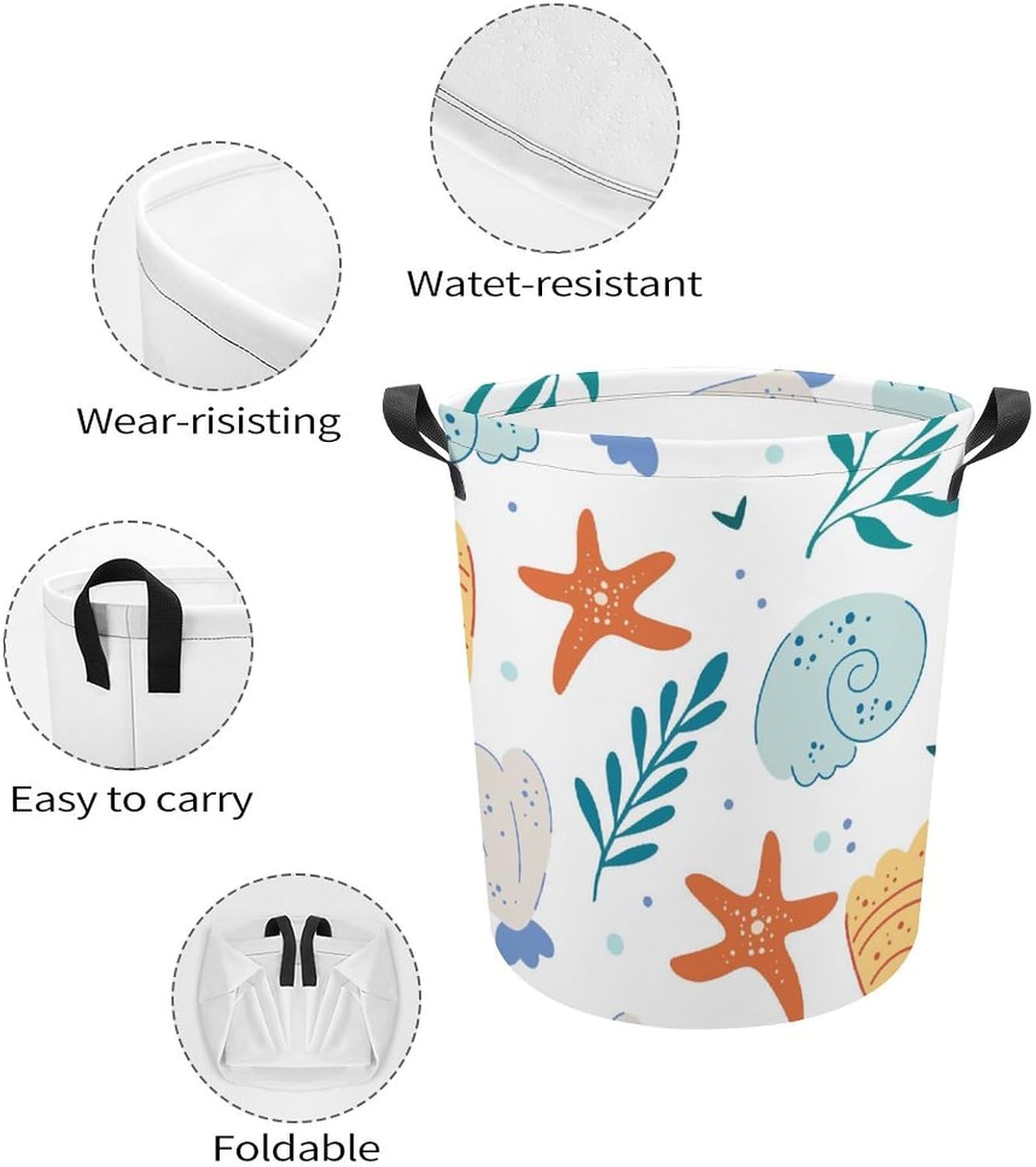 MEIKKO Sea Shells And Starfish Laundry Basket Waterproof Foldable with Handles