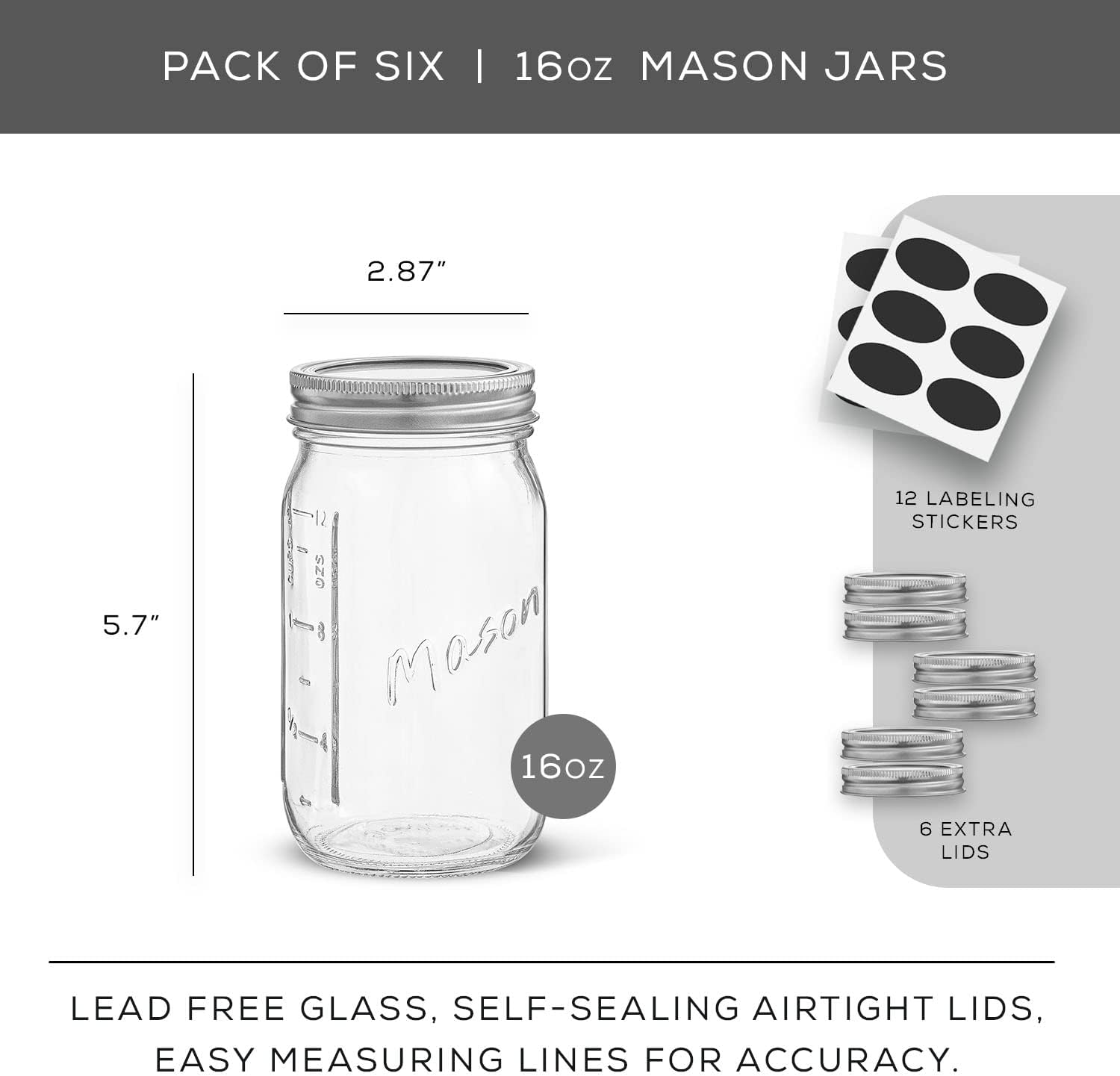 JoyJolt 16 oz Mason Jars 6-Pack