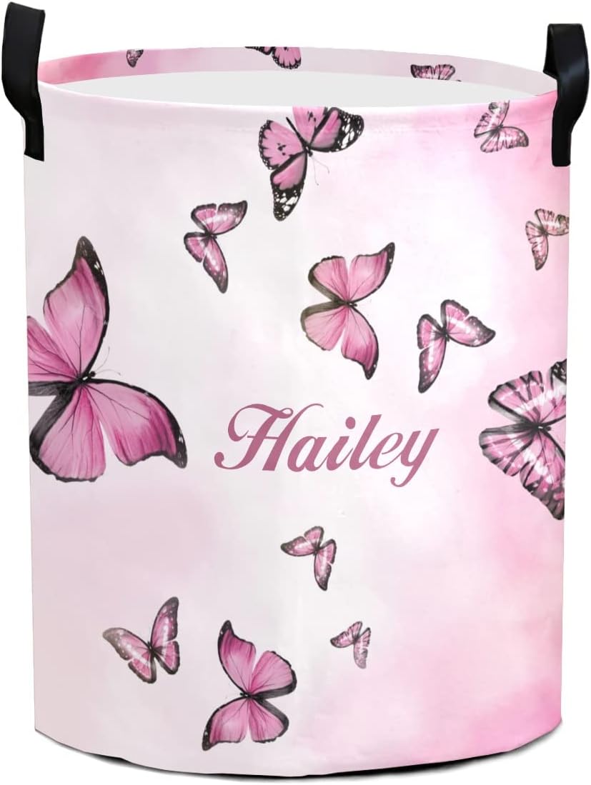 Pink Butterflies Personalized Waterproof Foldable Laundry Basket Bag with Handle
