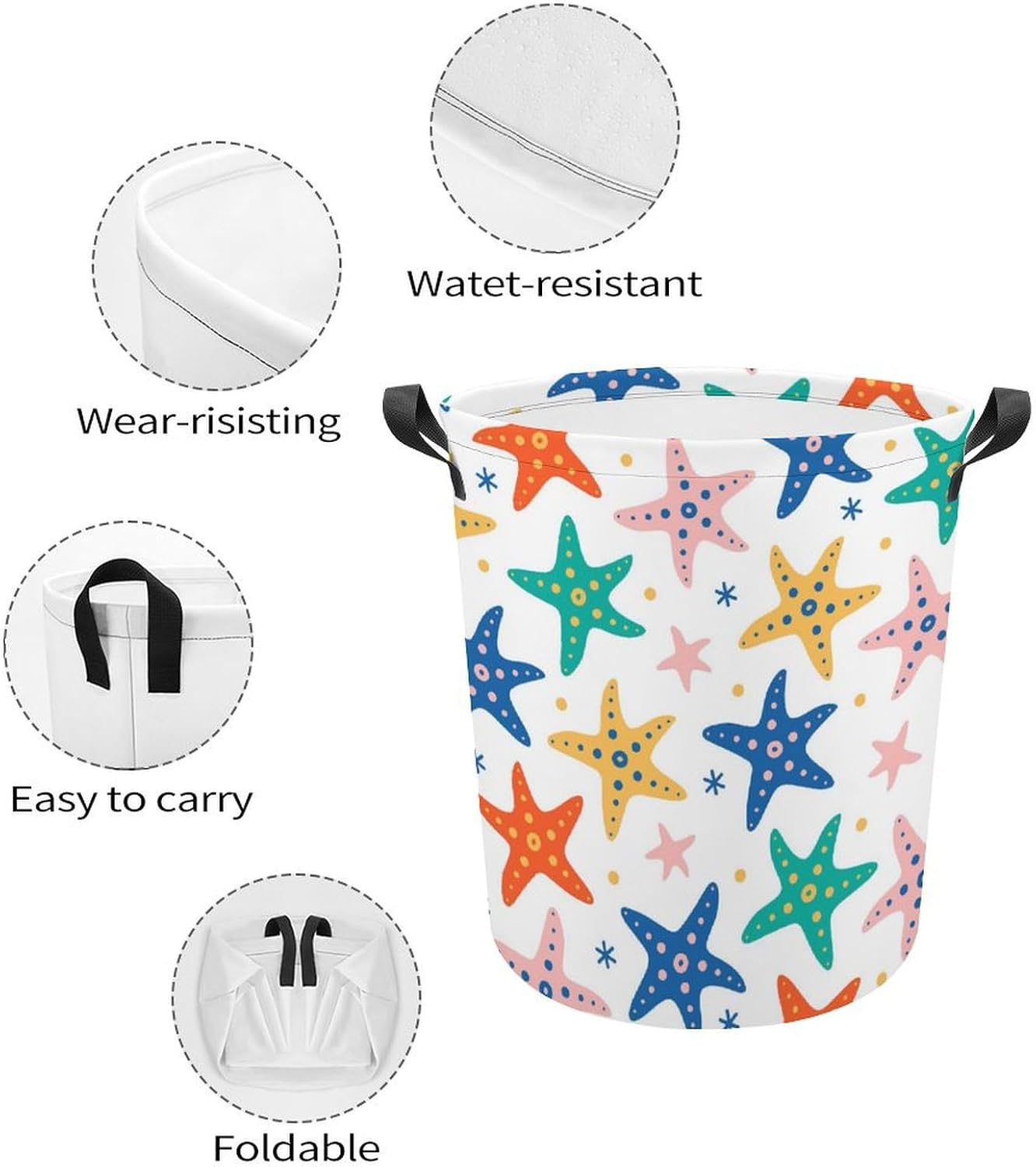 Starfish Seamless Pattern Laundry Hamper Underwater Waterproof Clothes Basket with Easy Carry Handles