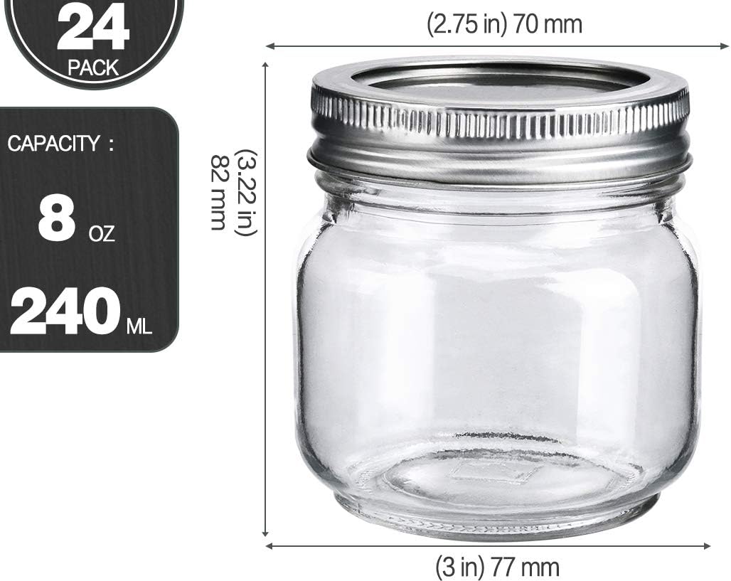 KAMOTA Mason Jars 8oz with Silver Lids 24pack