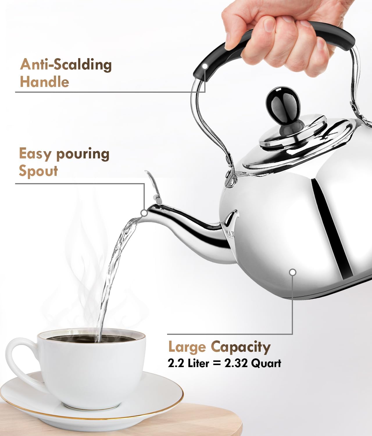 DCLOBTop 23 Quart Round Stovetop Tea Kettle with Silver Mirror Finish