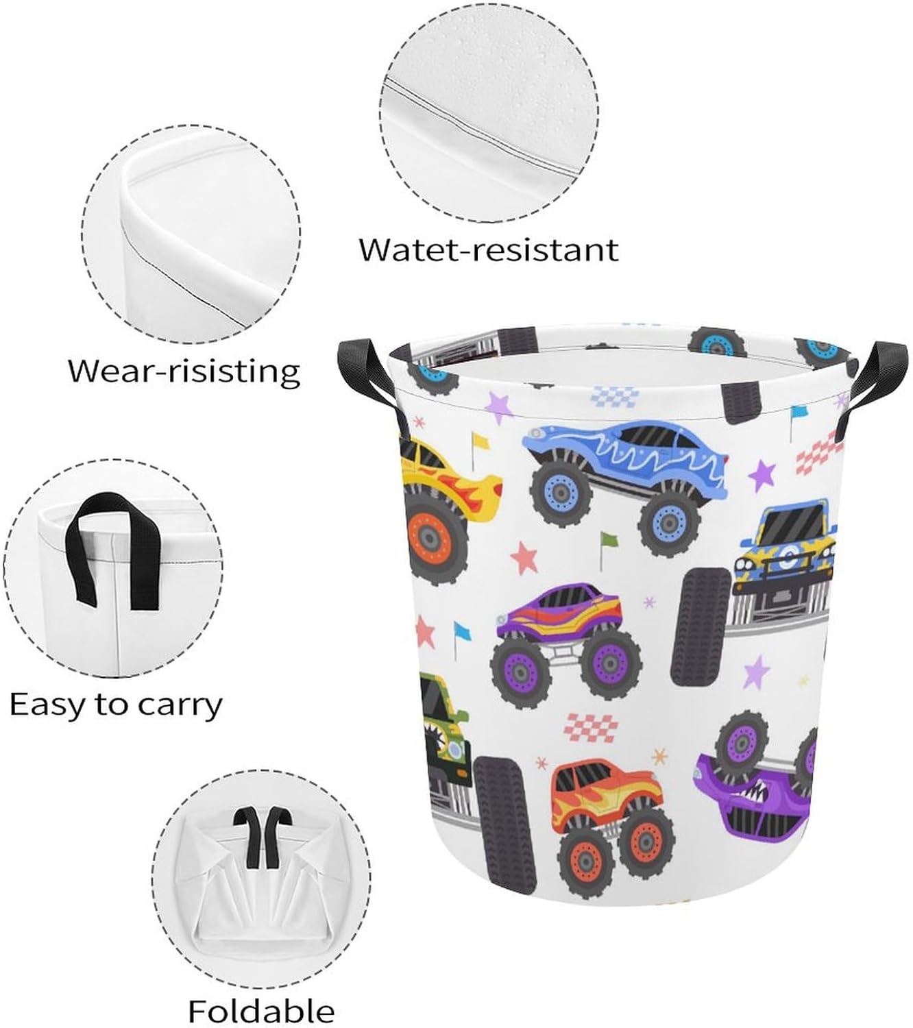 Cartoon Monster Trucks Extreme Racing Waterproof Laundry Hamper