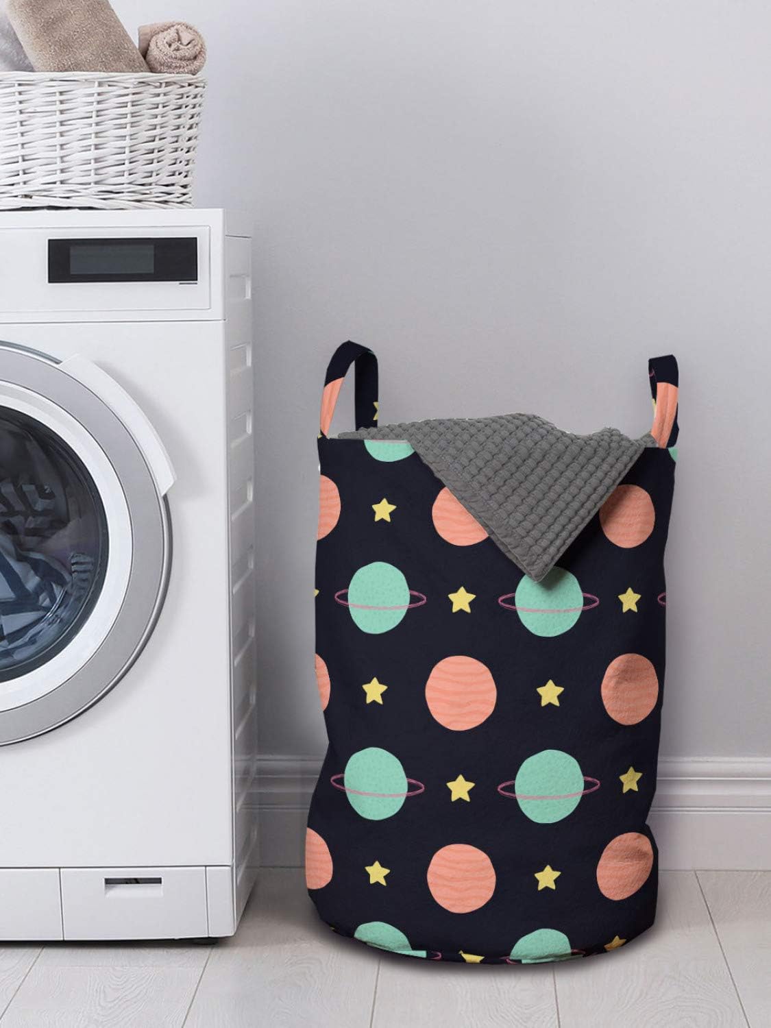 Space theme laundry basket with drawstring
