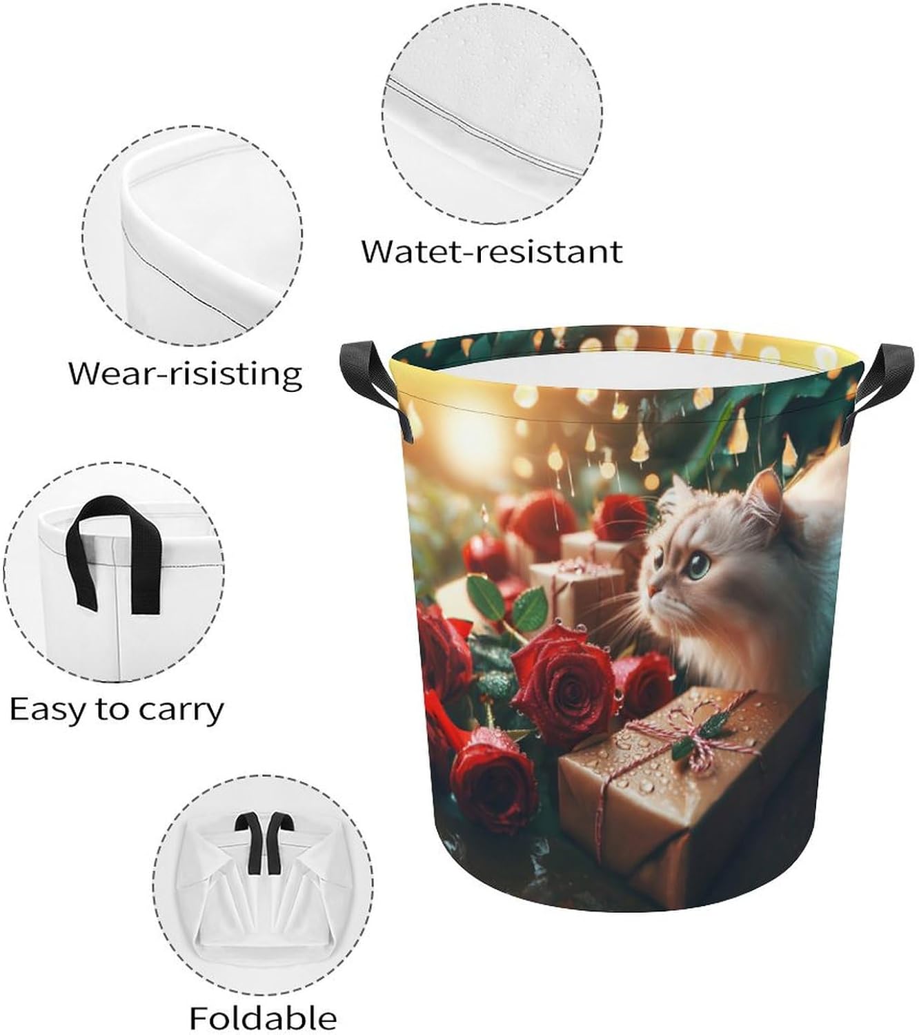 Waterproof and Cute Rose Raindrops Kittens Laundry Hamper with Easy Carry Handles