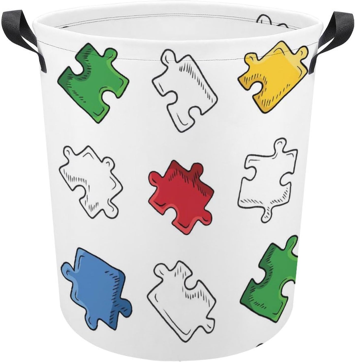 Bright Jigsaw Puzzle Pieces Laundry Hamper Waterproof Clothes Basket with Easy Carry Handles
