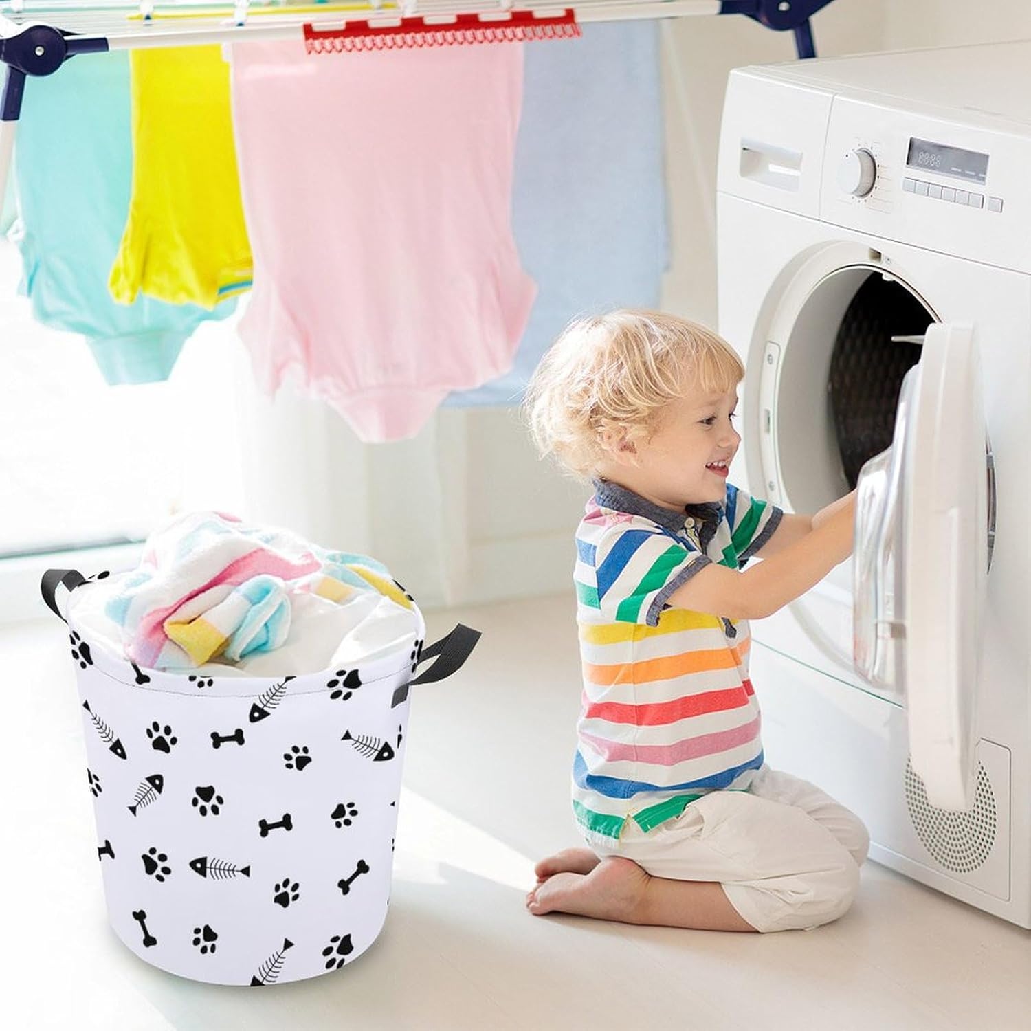MEIKKO Animals Paws Fishbone Laundry Basket Collapsible and Waterproof