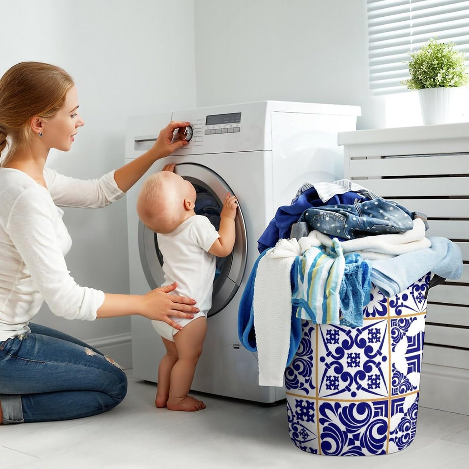 Blue Patchwork Tile Laundry Basket