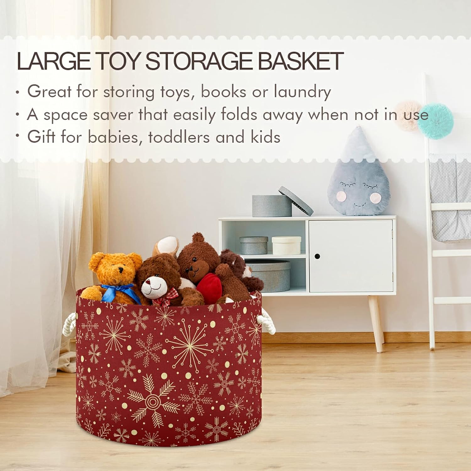 Stylish Christmas Storage Basket for Laundry with Dark Red Snowflakes Design