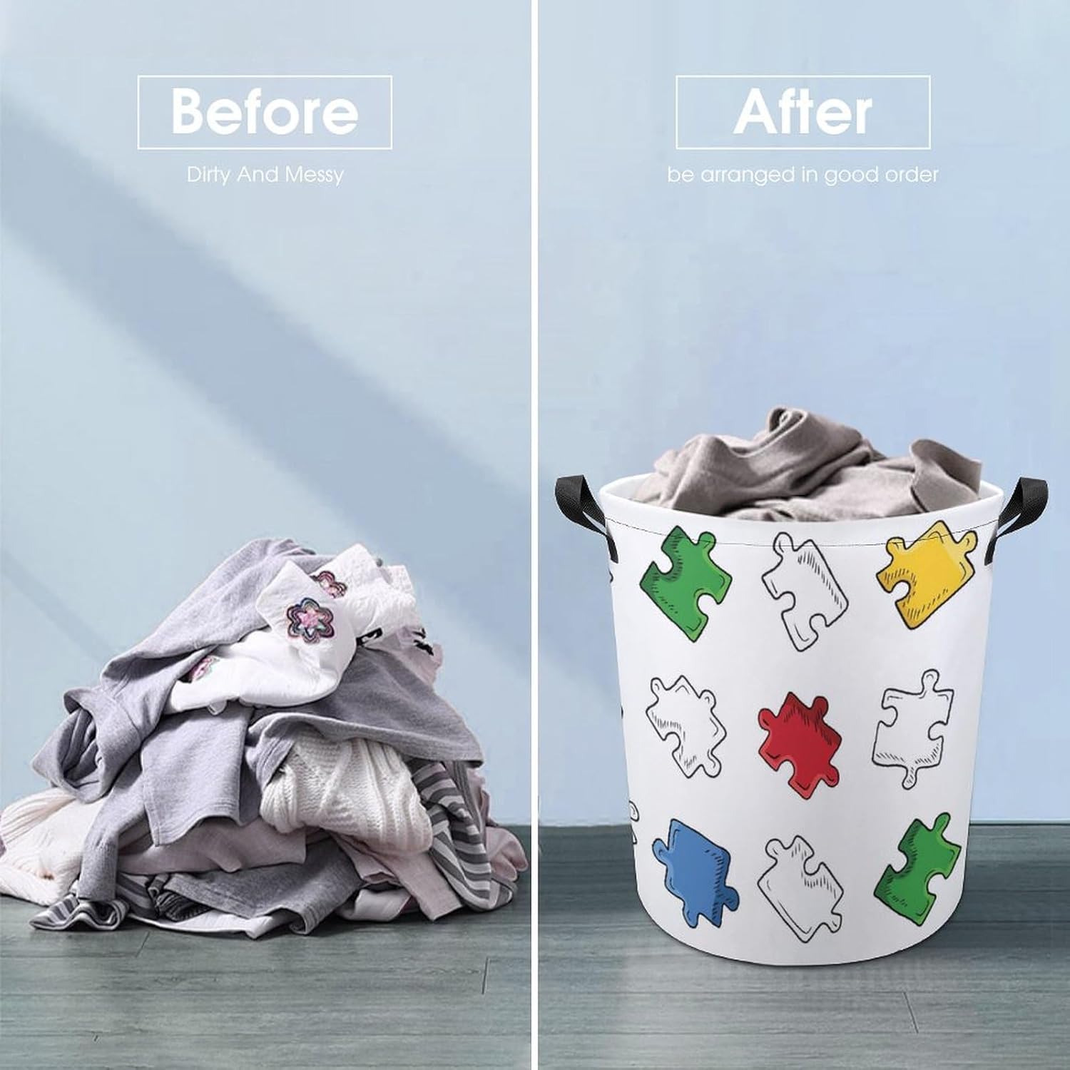 Bright Jigsaw Puzzle Pieces Laundry Hamper Waterproof Clothes Basket with Easy Carry Handles