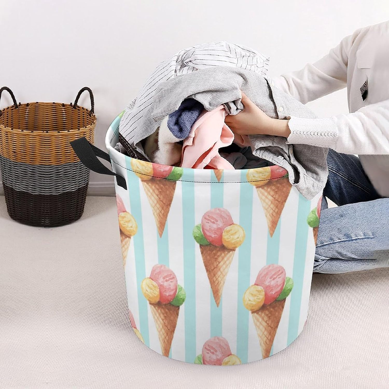 Cute Ice Cream Laundry Hamper Watercolor Blue Plaid