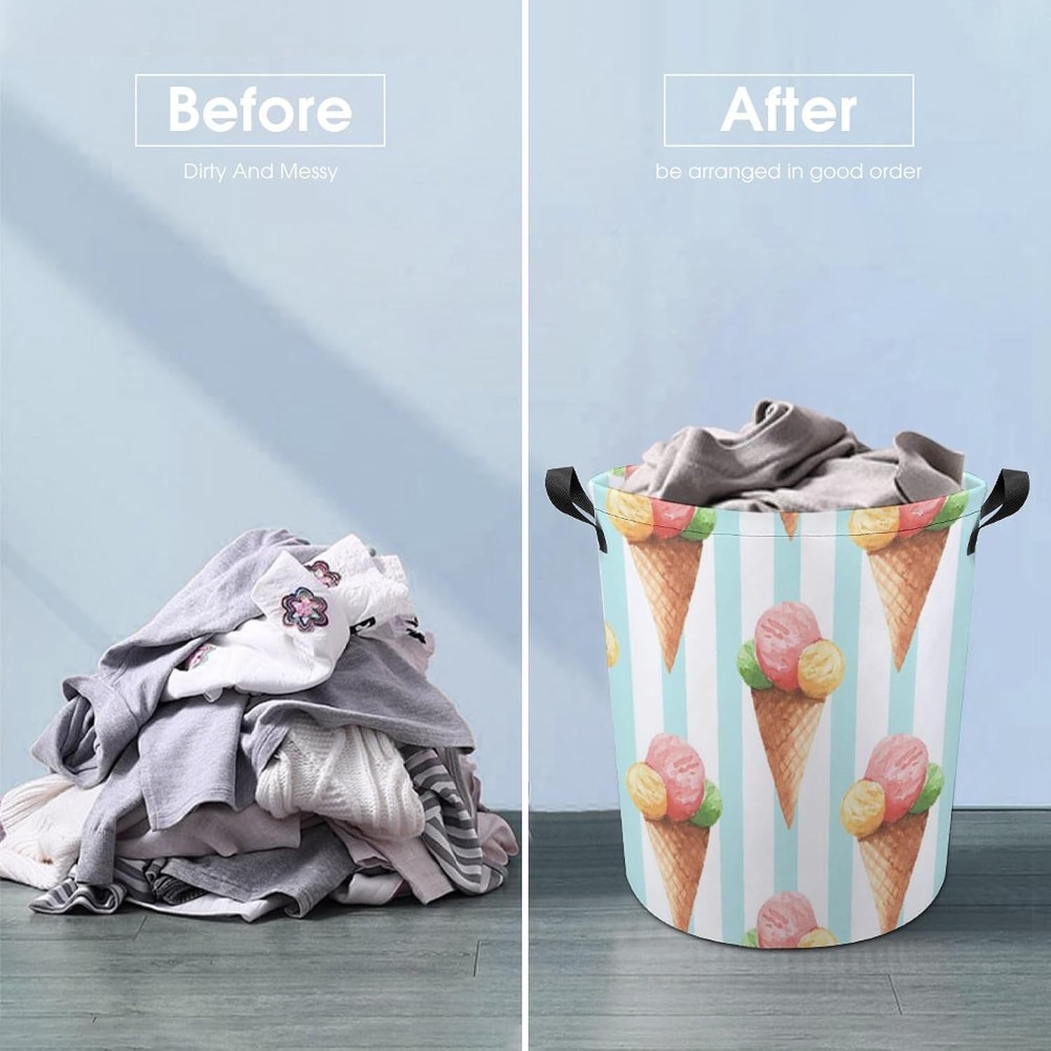 Cute Ice Cream Laundry Hamper Watercolor Blue Plaid