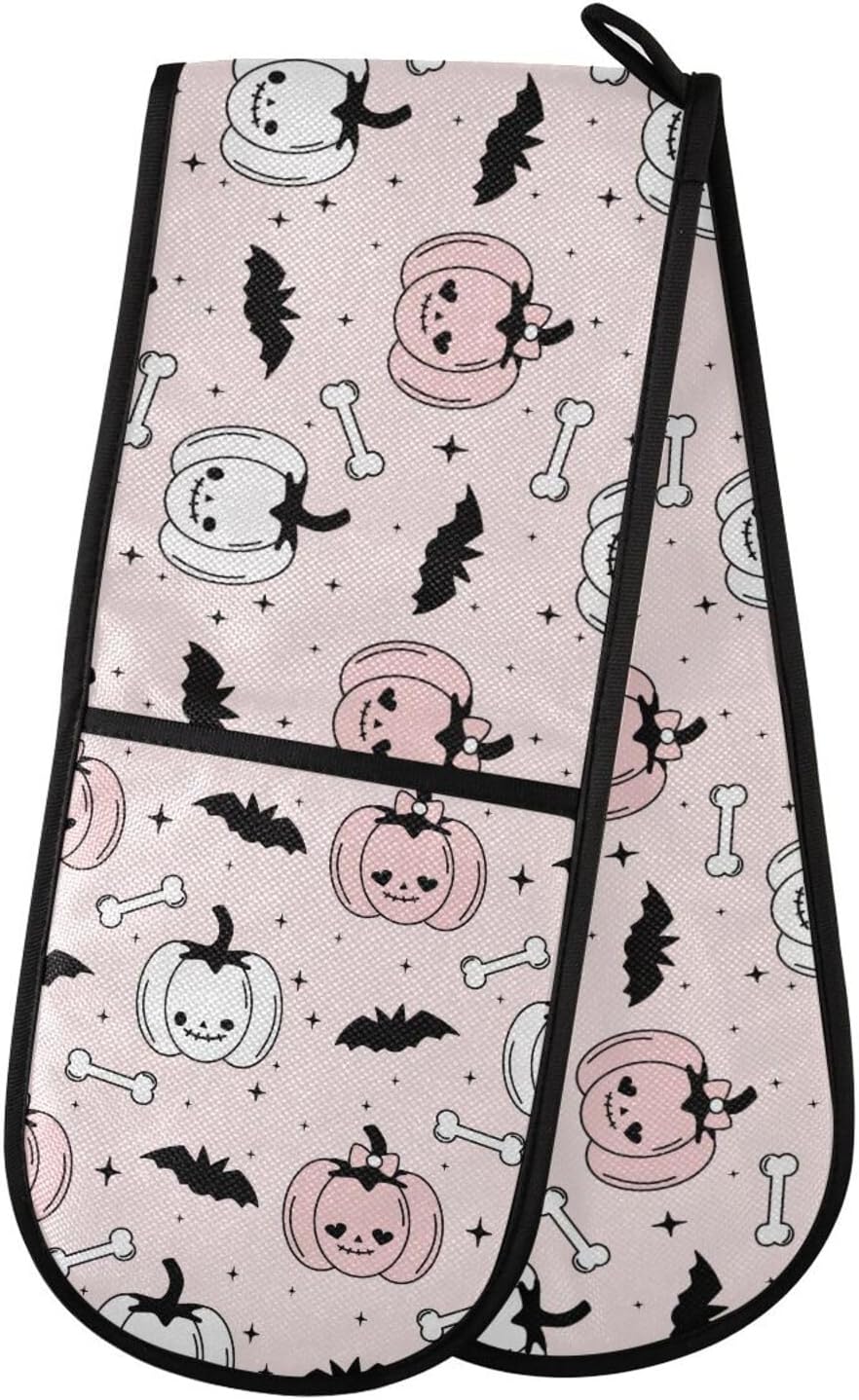 Suziyo Double Oven Mitts Pink Halloween Pumpkins Bats