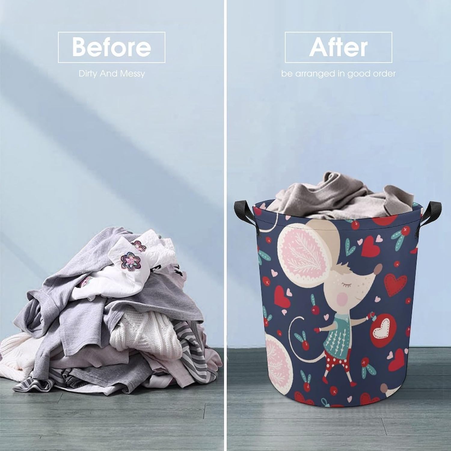 Perfect for Families Students Cute Mouse Design Collapsible Laundry Basket