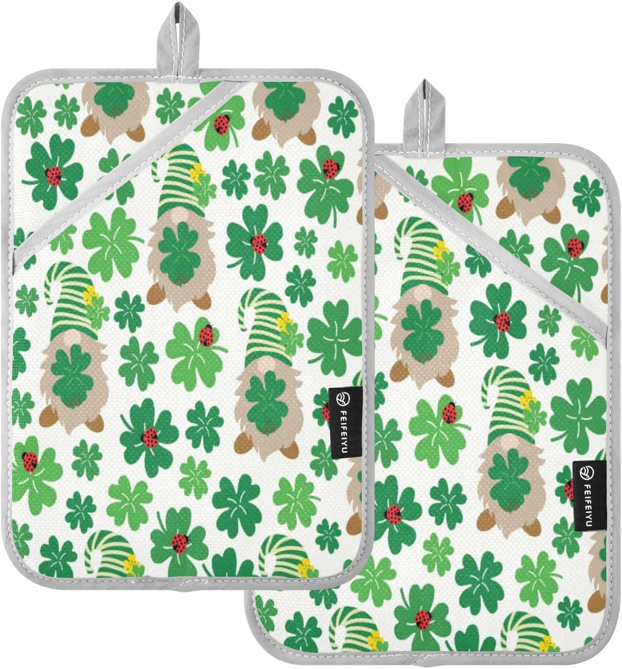 Lucky Green Clover Leaves with Gnomes Heat-Resistant Durable Oven Mitts