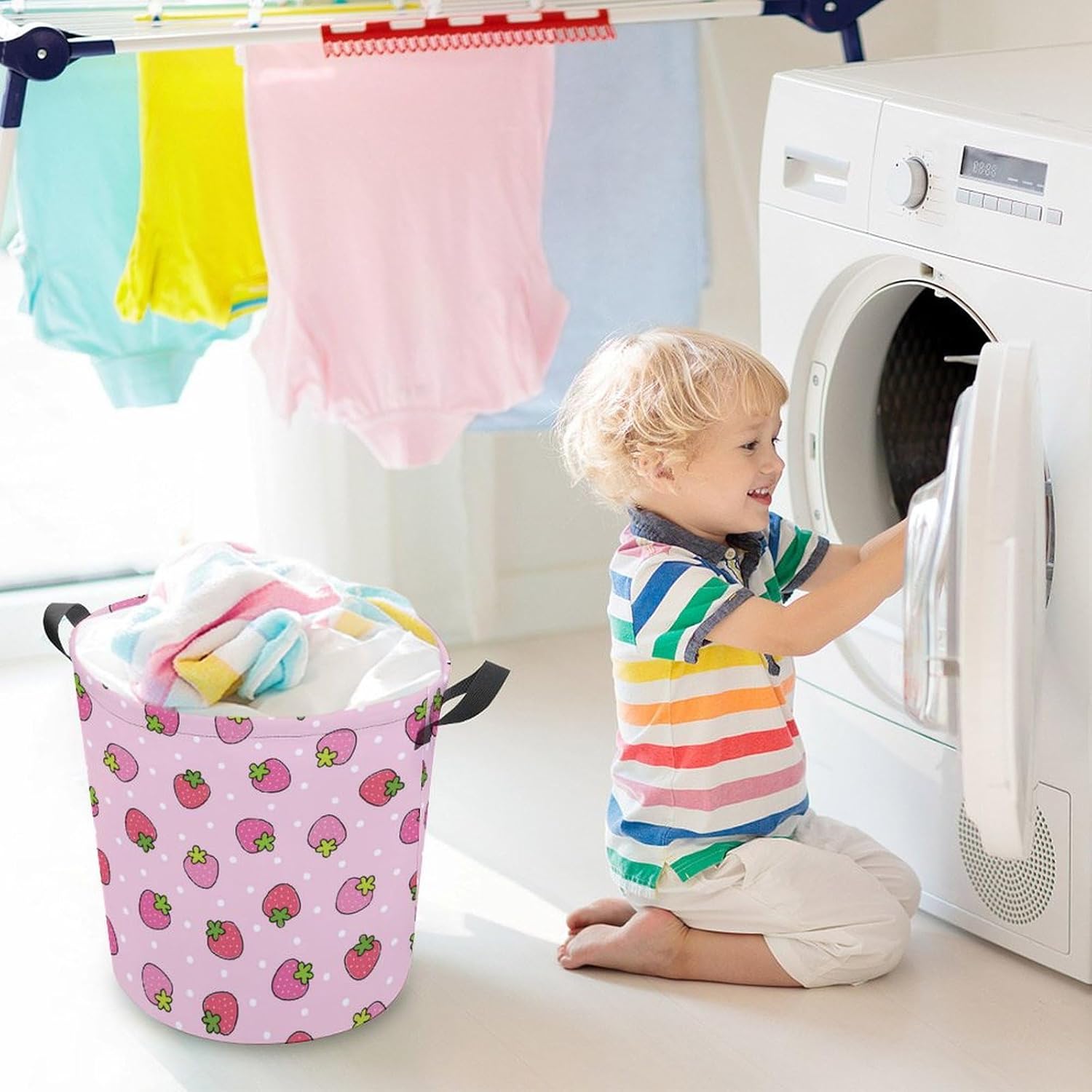 Stylish Pink Strawberry Laundry Hamper for Space-Saving Storage