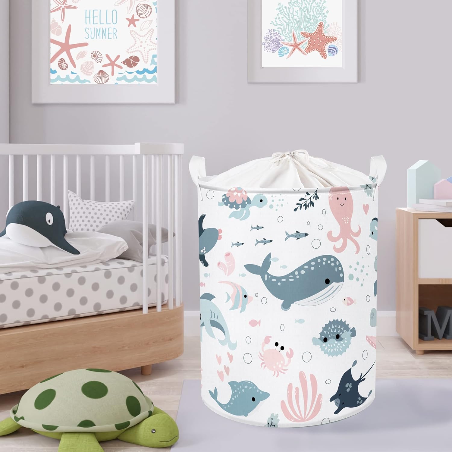 Clastyle Marine Animals Bubbles Kid Laundry Basket with Lid Foldable Pink Mermaid