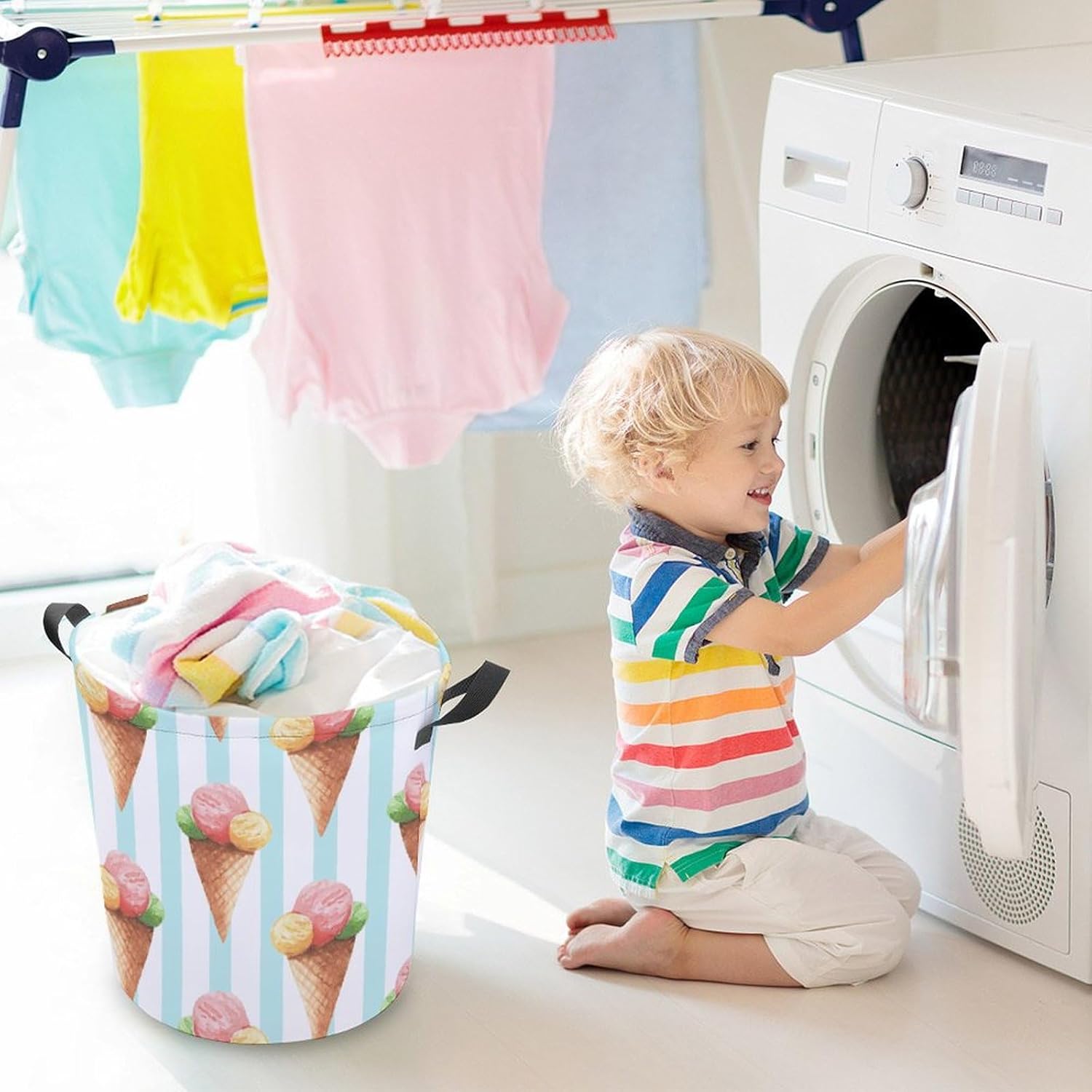 Cute Ice Cream Laundry Hamper Watercolor Blue Plaid
