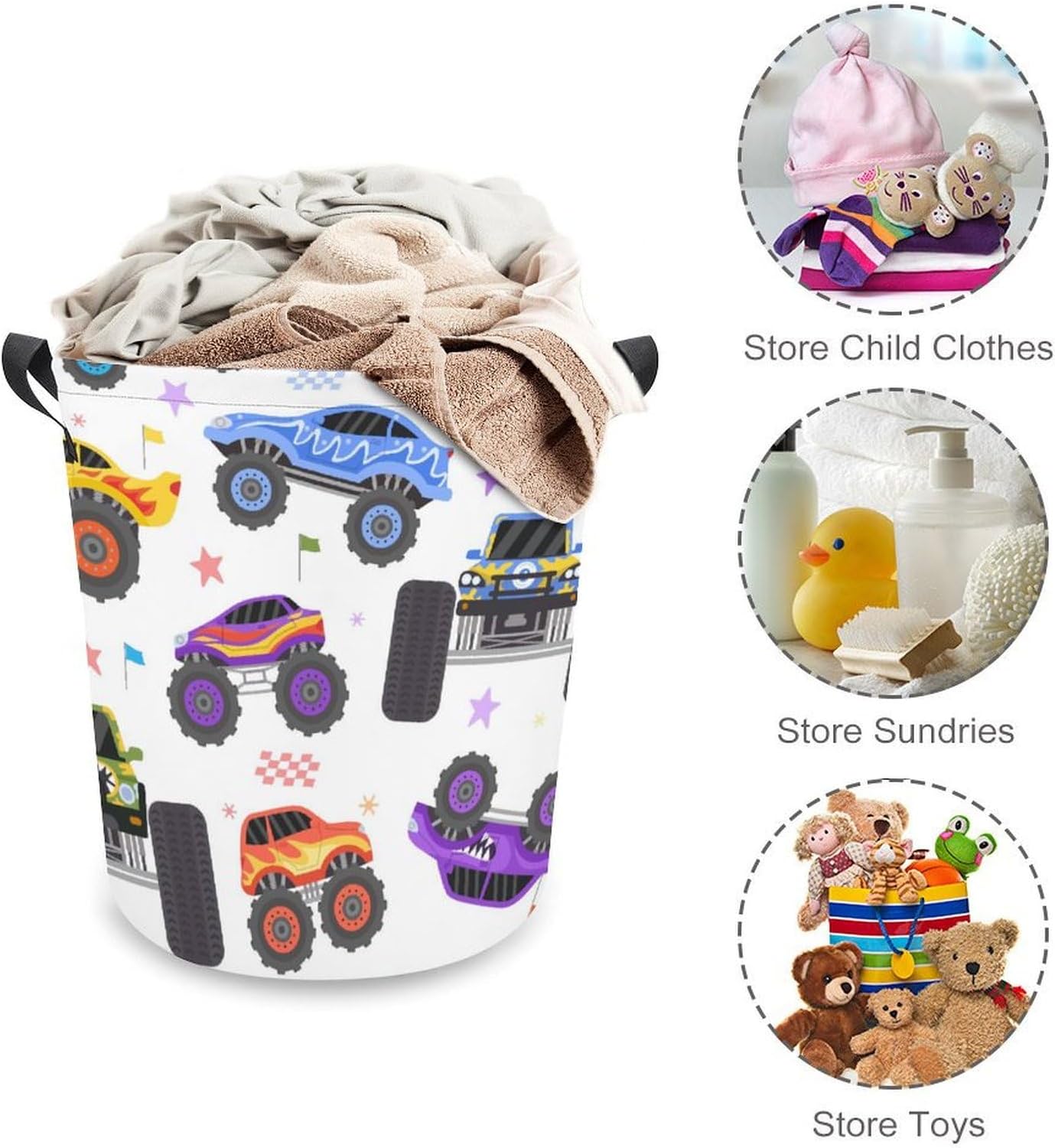 Cartoon Monster Trucks Extreme Racing Waterproof Laundry Hamper