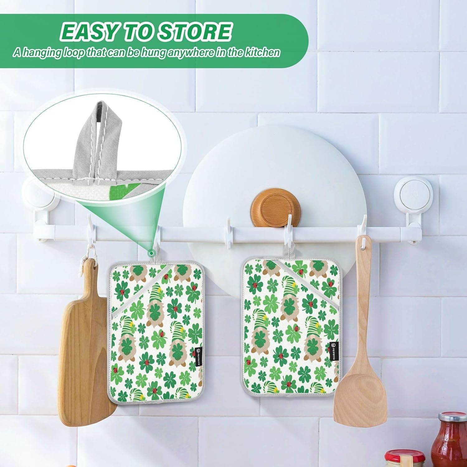 Lucky Green Clover Leaves with Gnomes Heat-Resistant Durable Oven Mitts