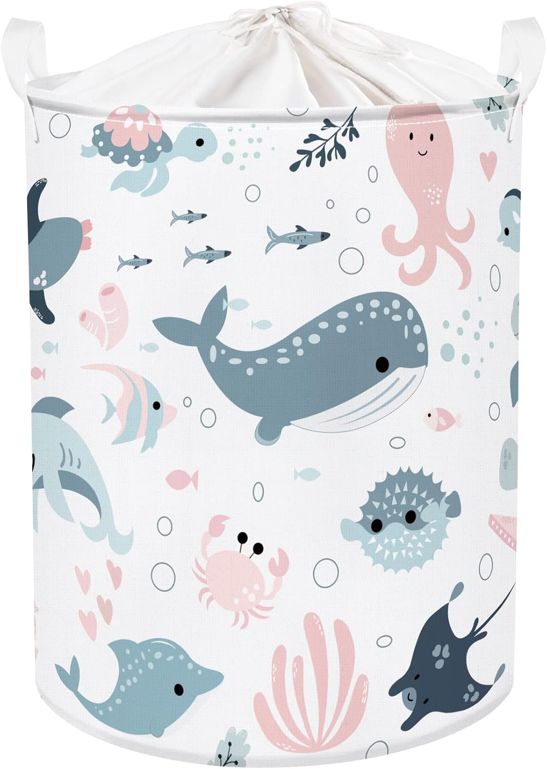 Clastyle Marine Animals Bubbles Kid Laundry Basket with Lid Foldable Pink Mermaid