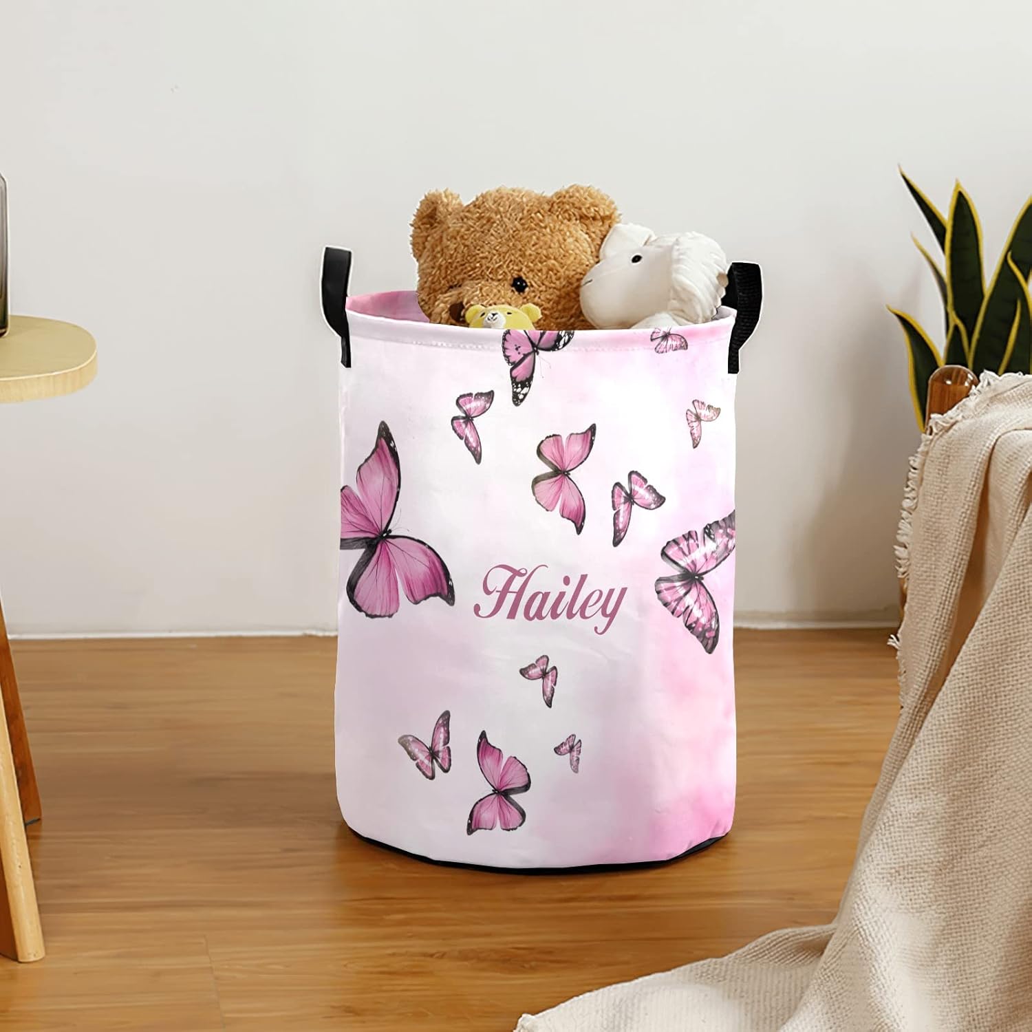 Pink Butterflies Personalized Waterproof Foldable Laundry Basket Bag with Handle