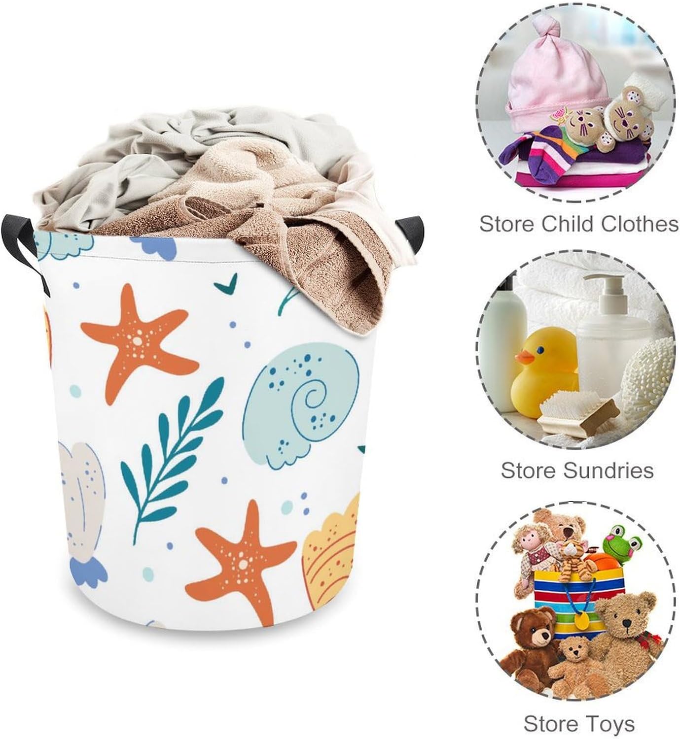 MEIKKO Sea Shells And Starfish Laundry Basket Waterproof Foldable with Handles