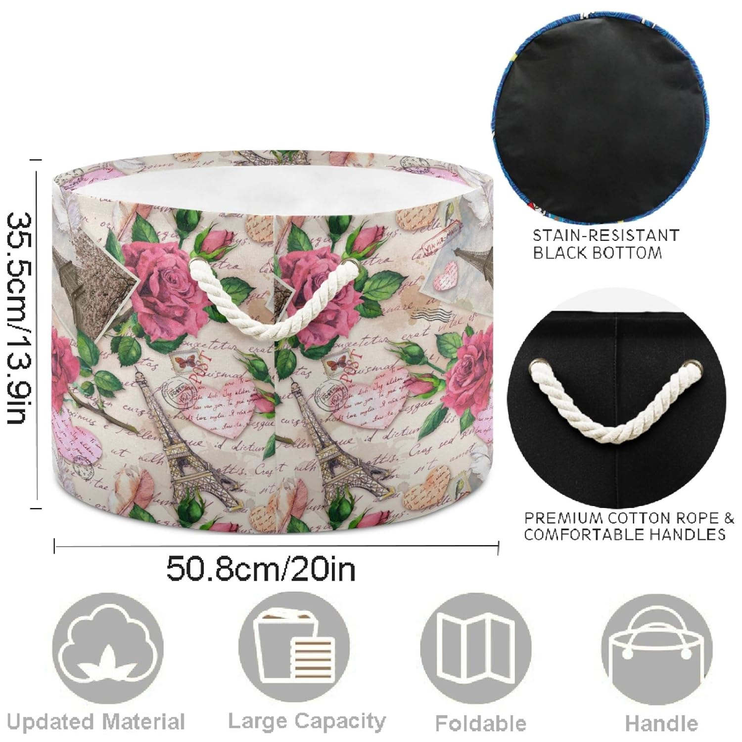 Visesunny Classic Paris Eiffel Tower Heart Collapsible Storage Bin - Large Capacity