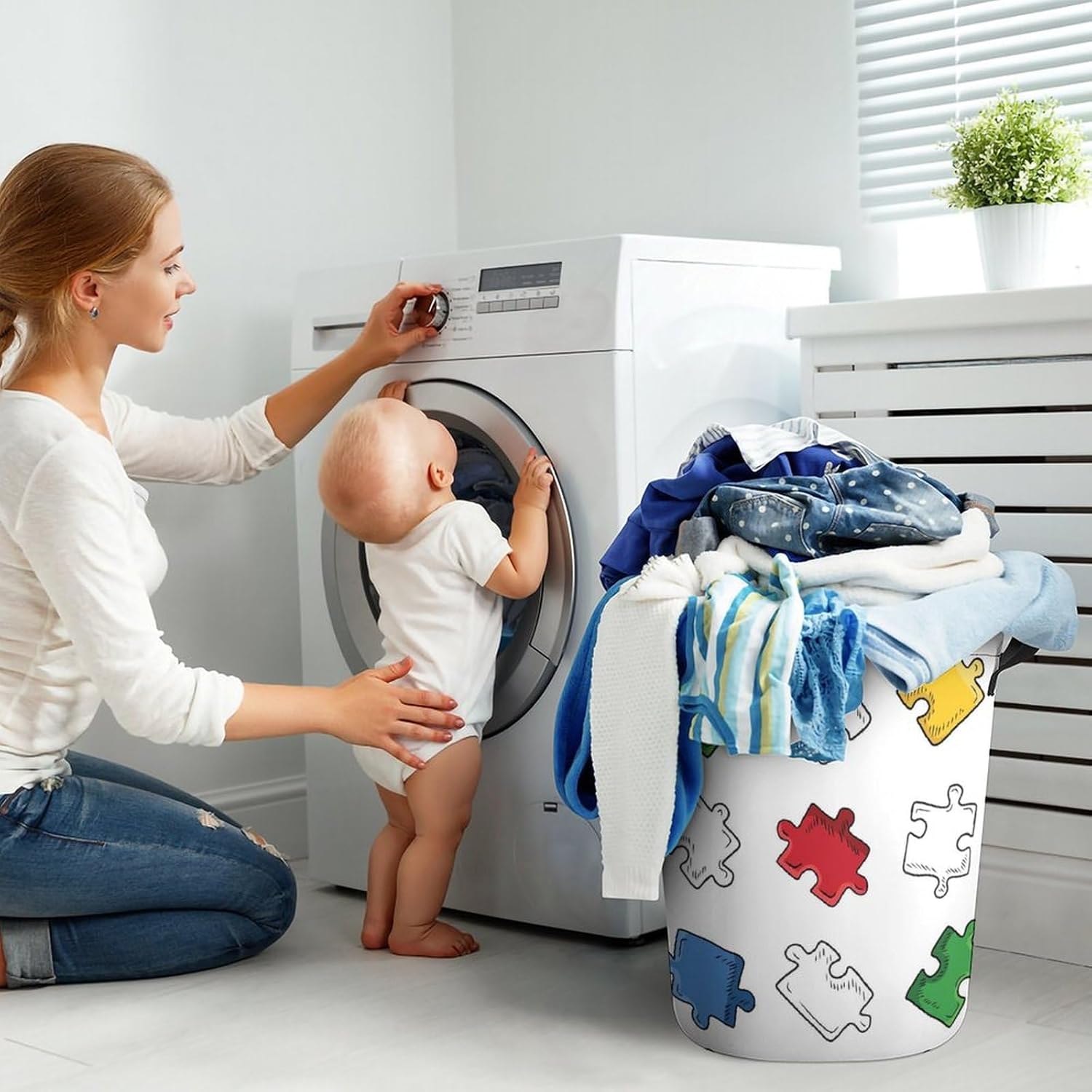 Bright Jigsaw Puzzle Pieces Laundry Hamper Waterproof Clothes Basket with Easy Carry Handles