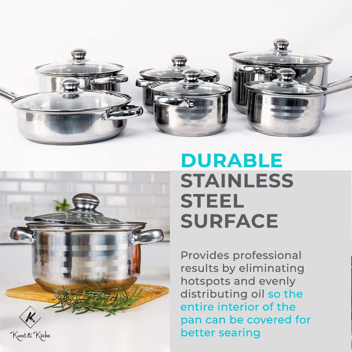 Stainless Steel 12-Piece Cookware Set Ergonomic Design for Professional Use