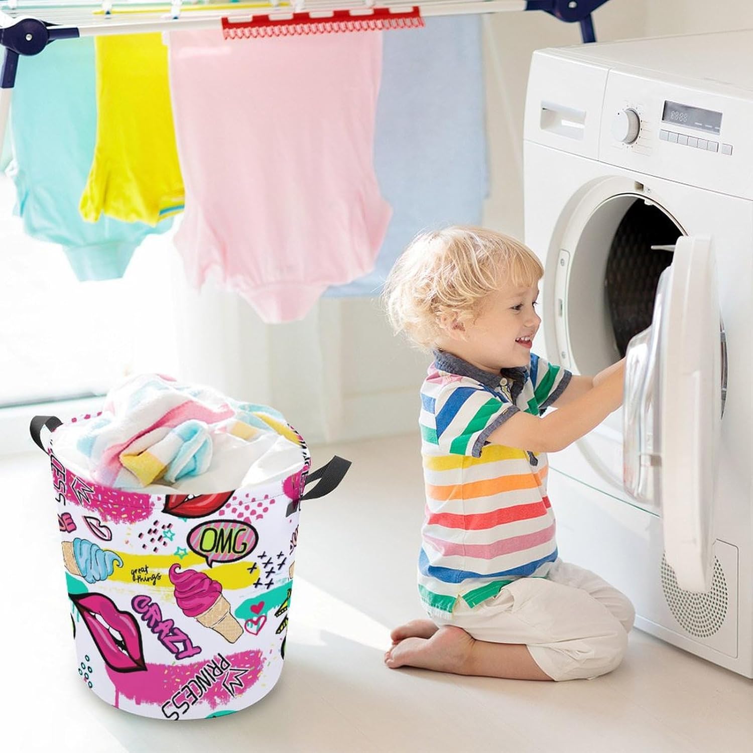 MEIKKO Cute Lips Stickers Laundry Hamper with Handles