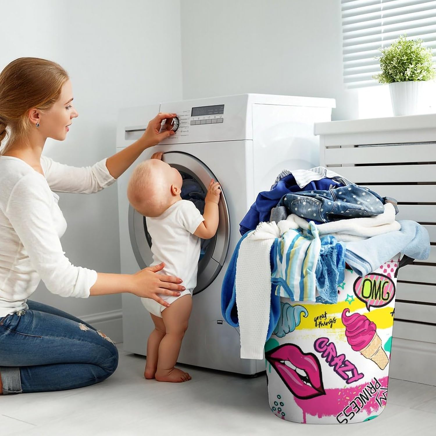 MEIKKO Cute Lips Stickers Laundry Hamper with Handles