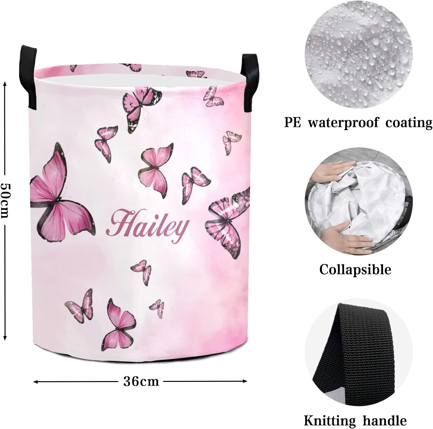 Pink Butterflies Personalized Waterproof Foldable Laundry Basket Bag with Handle