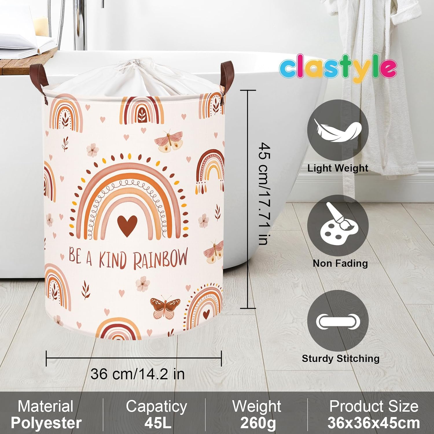 Clastyle 45L Boho Rainbow Washable Hamper with Handle Pink