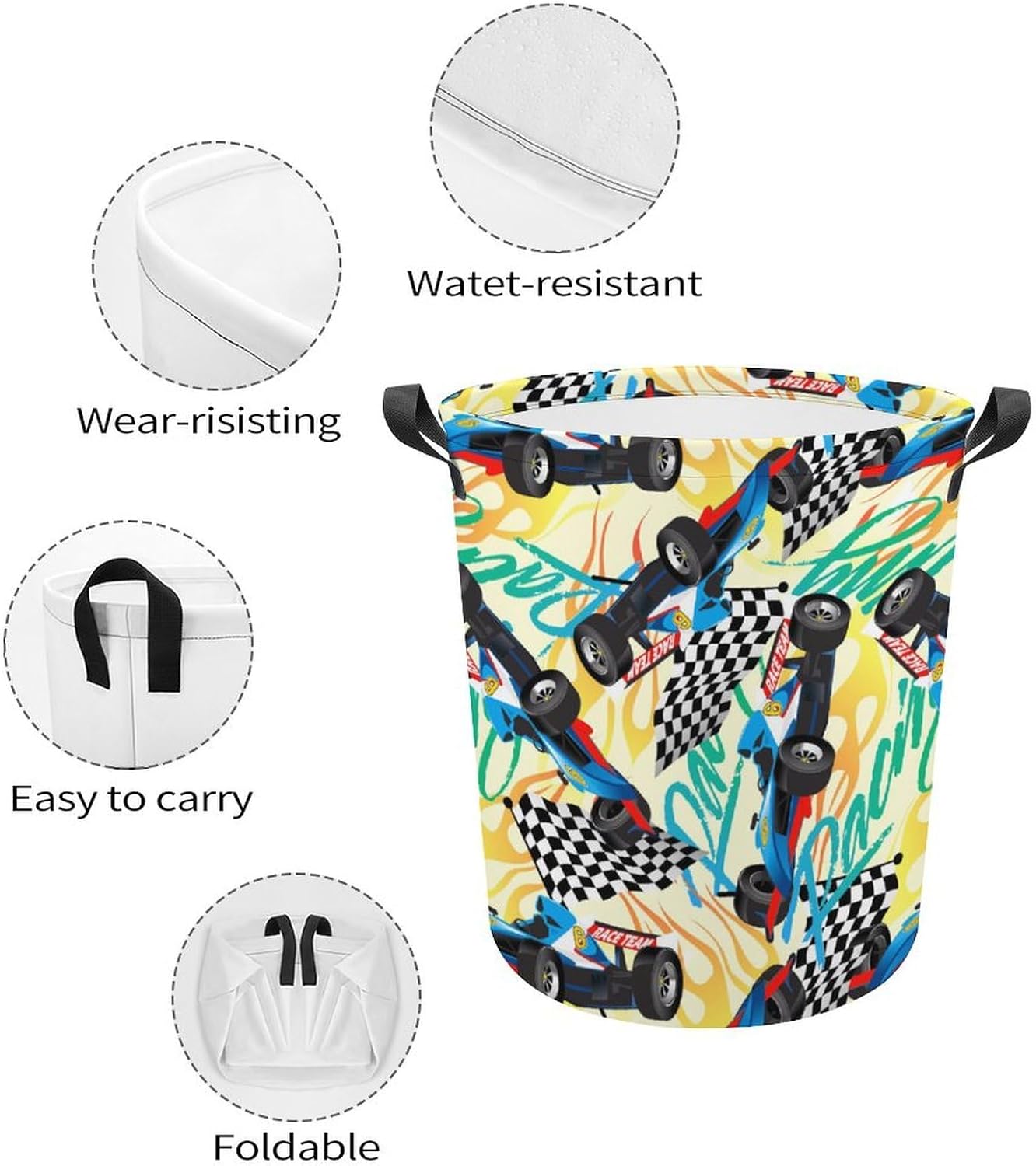 Racing Checkered Flag Waterproof Laundry Hamper Basket - Easy Carry Portable Storage