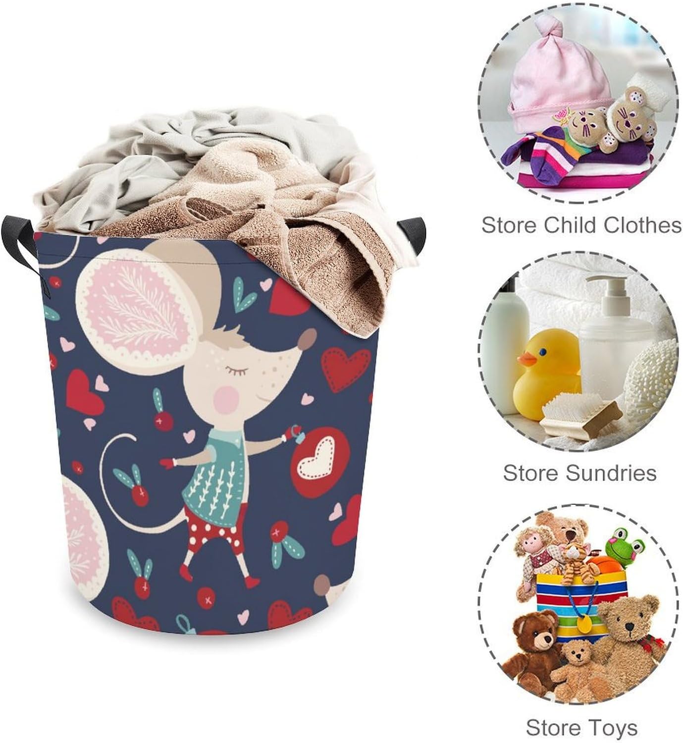 Perfect for Families Students Cute Mouse Design Collapsible Laundry Basket